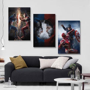 May include: A triptych of canvas prints showcasing Marvel's Captain America and Iron Man. The art pieces display action-packed scenes and character portraits in vivid colours, ideal for a fan's home decoration.