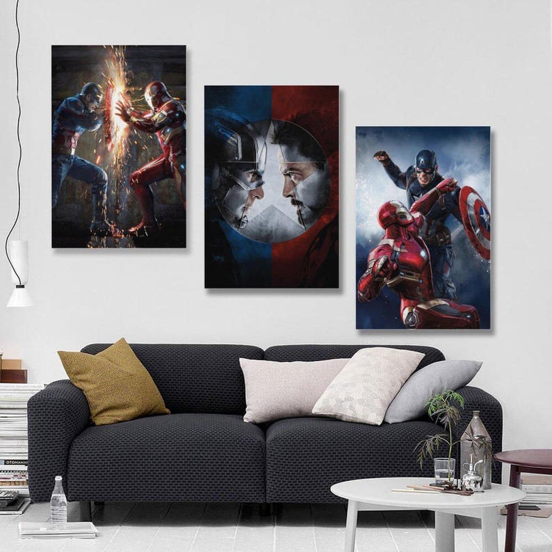 May include: A triptych of canvas prints showcasing Marvel's Captain America and Iron Man. The art pieces display action-packed scenes and character portraits in vivid colours, ideal for a fan's home decoration.