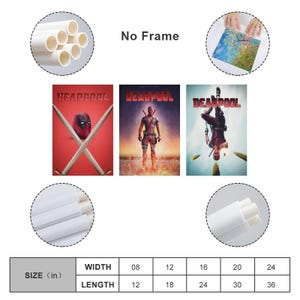 May include: Three Deadpool movie posters. The first poster features Deadpool's mask and crossed swords. The second poster shows Deadpool standing. The third poster shows Deadpool upside down. The posters are labeled "No Frame" with size options in inches.