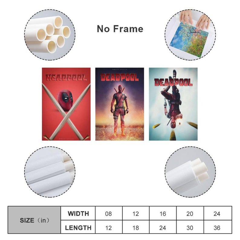 May include: Three Deadpool movie posters. The first poster features Deadpool's mask and crossed swords. The second poster shows Deadpool standing. The third poster shows Deadpool upside down. The posters are labeled "No Frame" with size options in inches.