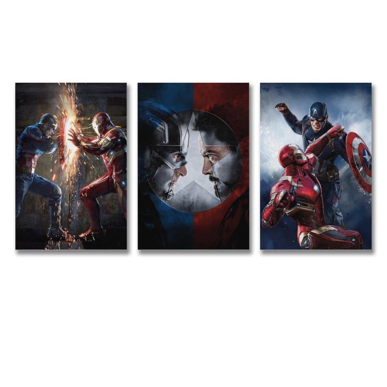 May include: A triptych of canvas prints showcasing Captain America and Iron Man. The artwork captures action-packed scenes of the superheroes in their signature attire, with a focus on dynamic poses and vivid colours.