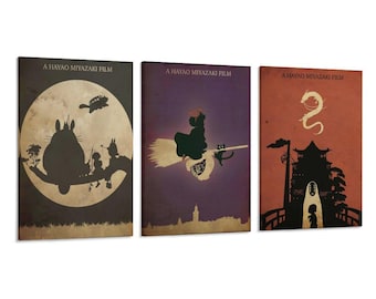 3 Panel Hayao Miyazaki's Zeichentrickfilm ""Kiki Lieferservice"" Abstrakt Minimal Poster."