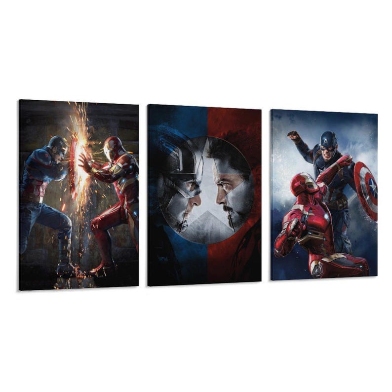 May include: A three-panel canvas art set depicting Captain America and Iron Man in action. The artwork shows the characters in their signature costumes, with vivid colours and dynamic compositions. The set includes scenes of conflict and confrontation.