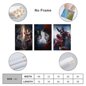 May include: A triptych of canvas prints showcasing superhero imagery. The artworks display action-packed scenes with vivid colours and dynamic poses. The text "No Frame" is present. Size options are listed in inches, with widths from 8 to 24 inches and lengths from 12 to 36 inches.