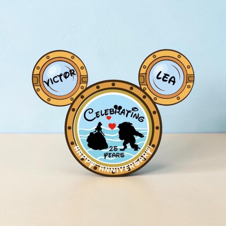 May include: A graphic design featuring three circular portholes arranged in a Mickey Mouse shape. The top left porthole says MACI, the top right says BRAD, and the large center porthole shows two silhouettes kissing with the text CELEBRATING 5 YEARS HAPPY ANNIVERSARY.
