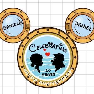 May include: A graphic design featuring three gold-colored portholes arranged in a Mickey Mouse shape. The left porthole says DANIELLE, the right says DANIEL, and the center shows silhouettes of a couple, two red hearts, and text CELEBRATING 10 YEARS HAPPY ANNIVERSARY!