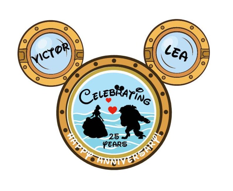 A Mickey Mouse head-shaped magnet, with two porthole ears labeled "VICTOR" and "LEA," and the main porthole showing Belle and Beast silhouettes, text "CELEBRATING 25 YEARS," and "HAPPY ANNIVERSARY" below.