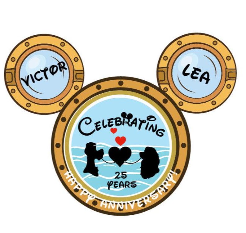 A Mickey Mouse head-shaped magnet, with two porthole ears labeled "VICTOR" and "LEA," and the main porthole showing a couple's silhouettes, text "CELEBRATING 25 YEARS," and "HAPPY ANNIVERSARY" below.