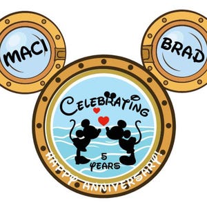 A Mickey Mouse head-shaped magnet, with two porthole ears labeled "MACI" and "BRAD," and the main porthole showing Mickey and Minnie Mouse silhouettes, text "CELEBRATING 5 YEARS," and "HAPPY ANNIVERSARY" below.