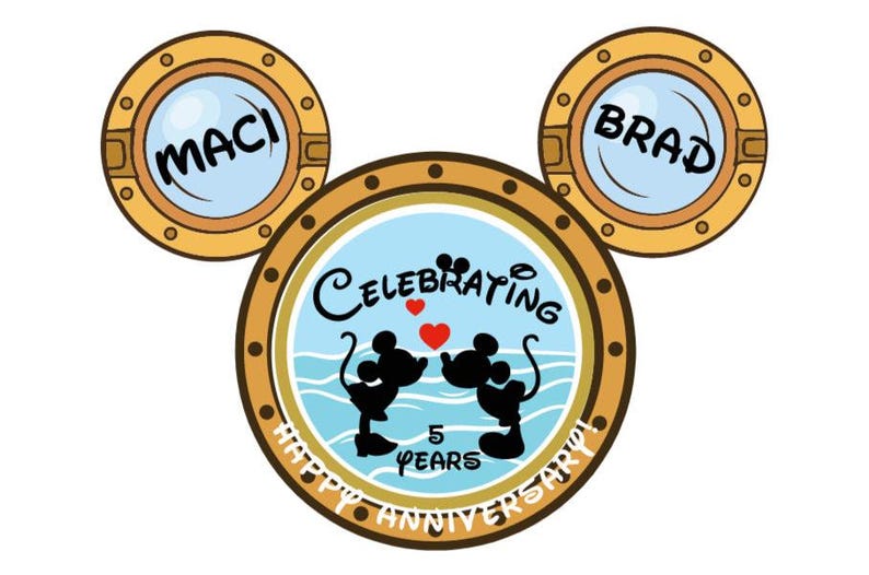 A Mickey Mouse head-shaped magnet, with two porthole ears labeled "MACI" and "BRAD," and the main porthole showing Mickey and Minnie Mouse silhouettes, text "CELEBRATING 5 YEARS," and "HAPPY ANNIVERSARY" below.