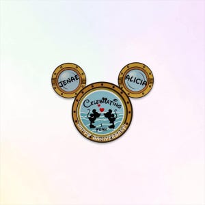 A Mickey Mouse head-shaped magnet, with two porthole ears labeled "JENAE" and "ALICIA," and the main porthole showing Mickey and Minnie Mouse silhouettes, text "CELEBRATING 1 YEAR," and "HAPPY ANNIVERSARY" below.