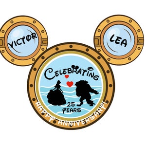 May include: A graphic design featuring three circular porthole frames arranged in a mouse-ear shape. The left ear says VICTOR, the right says LEA, and the center shows silhouettes of two figures, two red hearts, and the text CELEBRATING 25 YEARS HAPPY ANNIVERSARY.