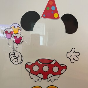 Above is the piece of Minnie birthday magnets. It’s her ears,birthday hat, skirt, shoes, hand, hand with balloons, and theextra personalized magnet