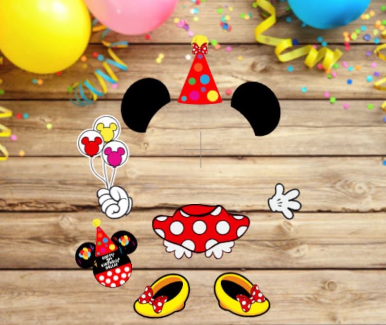 May include: A set of cartoon character cutouts featuring black ears, a red polka-dot skirt, yellow shoes with red bows, white gloved hands, a red party hat with colorful dots, and a cluster of three balloons in yellow, red, and pink colors.