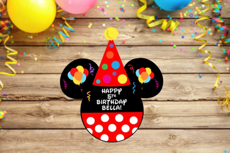 May include: A black and red birthday sign shaped like a mouse head with a party hat. The hat is red with colorful polka dots and a yellow pom-pom. The black ears feature balloon graphics. Text reads: HAPPY 5TH BIRTHDAY BELLA! with white polka dots below.