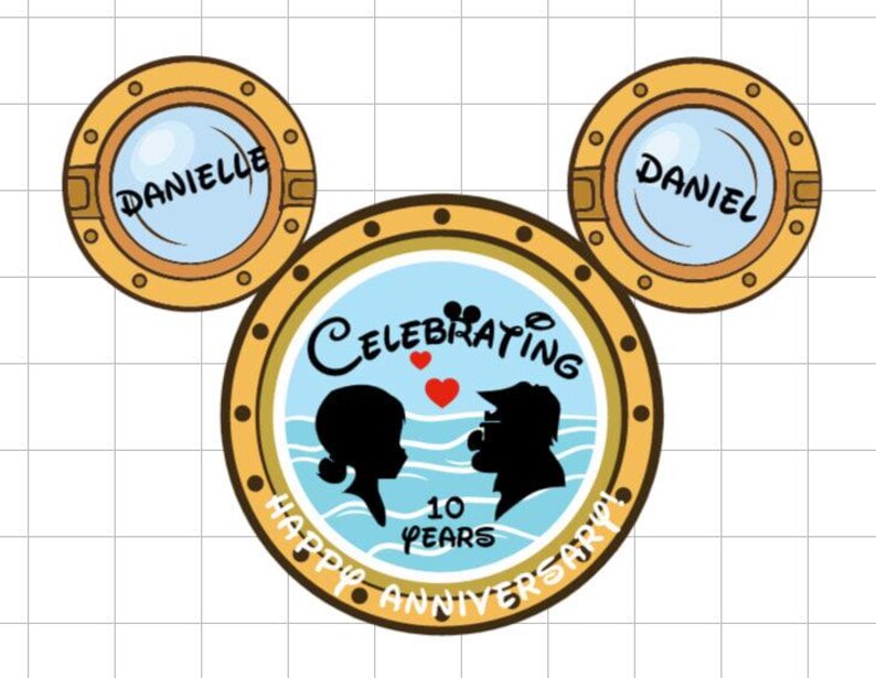 A Mickey Mouse head-shaped magnet, with two porthole ears labeled "DANIELLE" and "DANIEL," and the main porthole showing a couple's silhouettes, text "CELEBRATING 10 YEARS," and "HAPPY ANNIVERSARY" below.