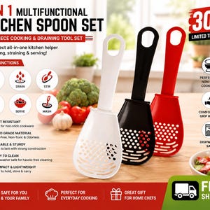 May include: A 3-piece kitchen spoon set in white, black, and red. Each spoon features a long handle with a circular hanging hole and a wide, perforated head designed for scooping, draining, stirring, straining, serving, and mashing food items.