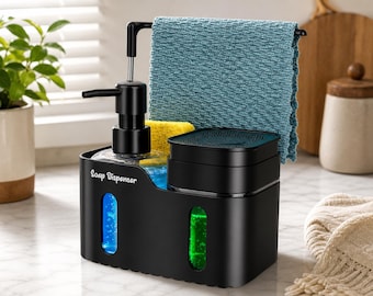 4 in 1 Kitchen Sink Soap Dispenser Set Dual Hand and Dish Soap Pump with Sponge Holder Dishcloth Rack Countertop Organizer Black