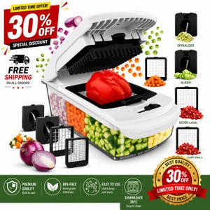 May include: A white vegetable chopper with a clear storage container filled with diced vegetables. The device includes multiple interchangeable black blade inserts for dicing, slicing, and spiralizing, along with a red bell pepper and red onions.