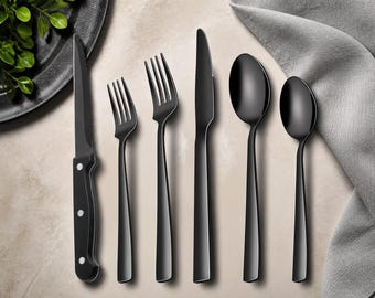 24-Piece Black Silverware Set with Steak Knives, Stainless Steel Flatware Set for 4, Mirror Finish Cutlery Set for Home & Restaurant Dining