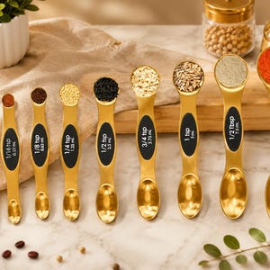 May include: A set of gold-colored measuring spoons and a leveler. Each spoon holds a different amount, from 1/16 tsp to 1 Tbsp, and is filled with various spices. The leveler is labeled with the word "LEVELER".