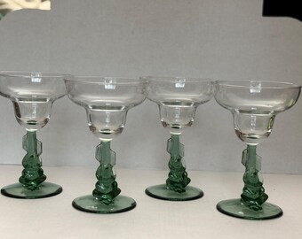 Set of 4 Luminarc Cactus Stem Margarita Glasses | Vintage Mexican Green Saguaro Barware | Cinco de Mayo Entertaining