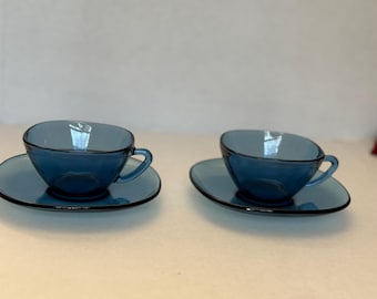 Vintage French Verego blue glass cups and saucers with sleek modern lines