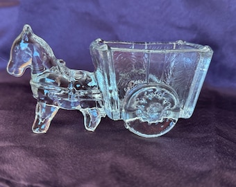 Vintage Clear Pressed Glass Horse & Cart Figurine