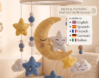 Crochet Baby Mobile Pattern PDF | Moon Star Cloud Amigurumi | Nursery Mobile Crochet Pattern | Easy Baby Shower Gift | Digital Download
