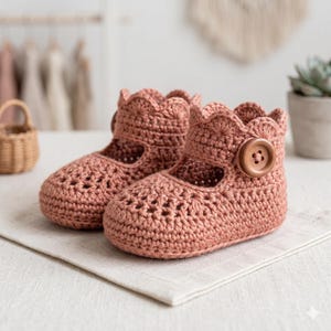 May include: Hand-crocheted baby booties in a dusky pink hue. These Mary Jane style shoes have a scalloped trim and a wooden button fastening. The openwork pattern adds a delicate touch. The booties are designed for a baby.