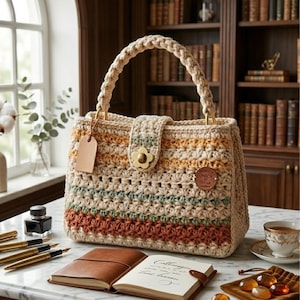 May include: A beige crochet handbag with a braided handle, featuring horizontal stripes in orange, green, and yellow. The bag has a flower-shaped clasp and a leather tag. A small, round leather patch with text is visible on the side.