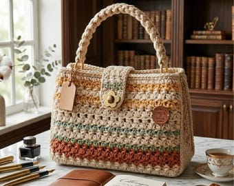 Crochet Textured Handbag Pattern – Structured Tote with Braided Handle, Brass Clasp (PDF Download)