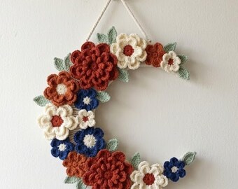 Crochet Crescent Moon Wall Hanging Pattern, Floral Moon Nursery Decor PDF, Celestial Flower Wall Art DIY, Boho Moon Wreath Tutorial