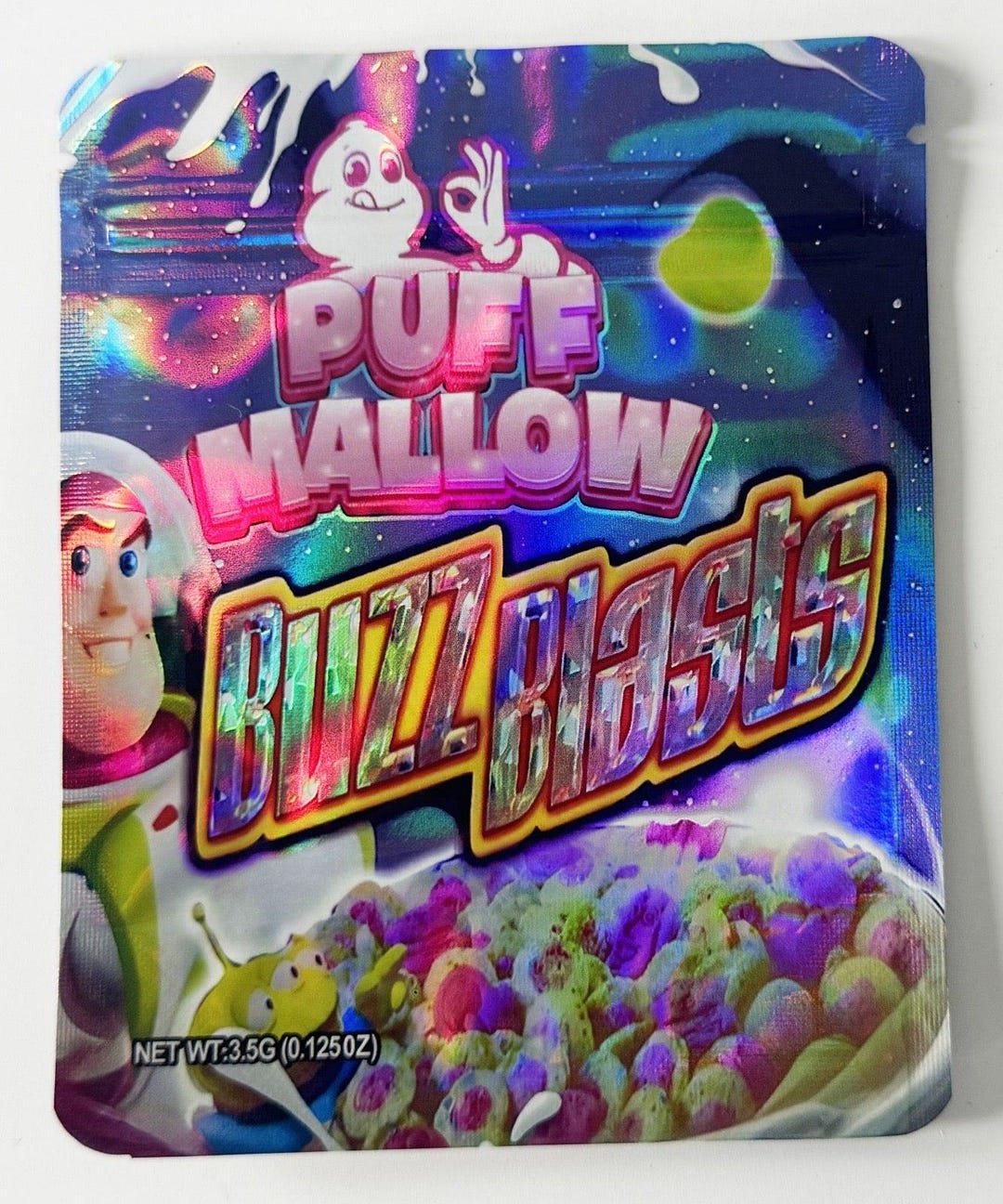 Puff Mallow Buzz Blasts Mylar Bags | 50pc 3.5g Holographic Space-themed ...