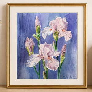 Può includere: Un dipinto ad acquerello incorniciato raffigurante fiori di iris rosa pallido con steli verdi su uno sfondo blu intenso. L'opera è firmata nell'angolo in basso a destra ed è racchiusa in una sottile cornice dorata con passe-partout bianco.