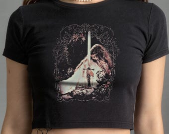 Medieval Knight Baby Tee, Dark Academia Crop Top for Women, Vintage Style Gothic Sword Warrior Fitted Shirt, Nerdy Fantasy Alt Girl Gift