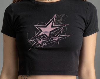 Y2K Star Baby Tee Grunge Graphic Crop Top for Women, Vintage Style Pink Star Shirt, Cute Emo Alt Girl Gift, 90s Coquette Top