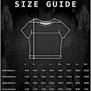 May include: A black and white size guide for a t-shirt, with measurements in inches. The guide includes chest width, bottom width, front length, and shoulder width for sizes S through 5XL. The text "SIZE GUIDE" is at the top.