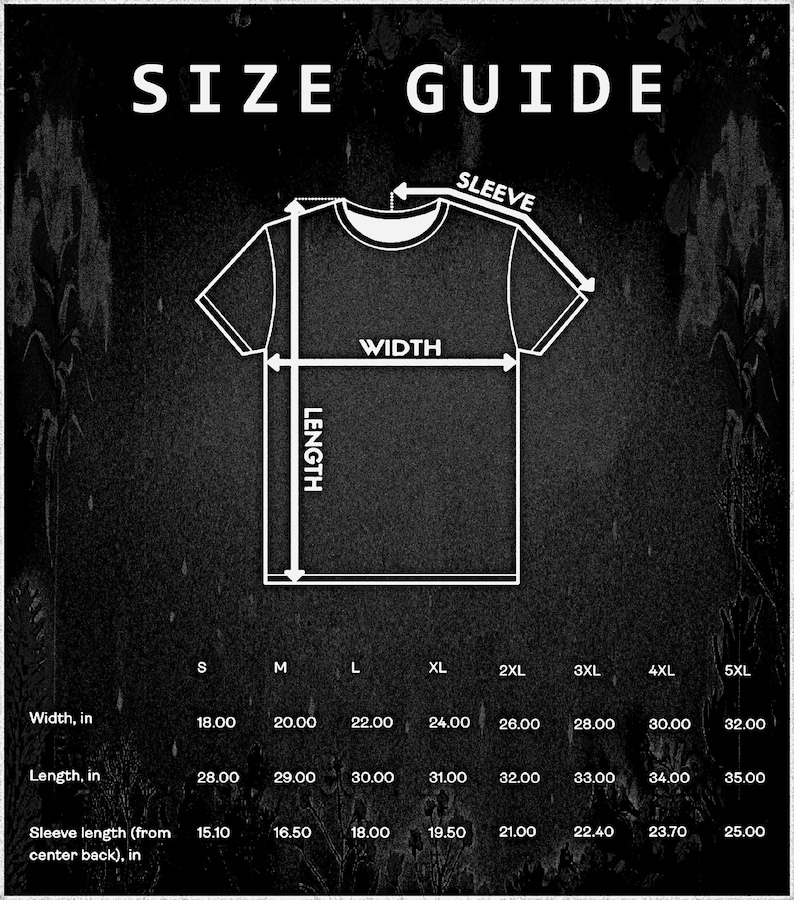 Puede incluir: Gr&aacute;fico negro que muestra una camiseta con medidas etiquetadas para el ancho, el largo y el largo de la manga. El texto "SIZE GUIDE" est&aacute; en la parte superior. Las medidas se proporcionan en pulgadas para las tallas S a 5XL.