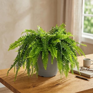 May include: A lush green fern plant in a gray pot. The fern has many long, delicate fronds cascading over the sides of the pot. The plant sits on a wooden table, with a coffee cup, book, and glasses nearby.