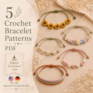 Pacchetto di modelli per braccialetti all'uncinetto in PDF, 5 gioielli boho da scaricare digitalmente, tutorial per braccialetti floreali, download, braccialetto dell'amicizia per principianti