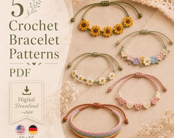 May include: Five crochet bracelet patterns in a PDF digital download bundle. The image displays five bracelets: one with yellow sunflowers, one with pastel flowers, one with white daisies, one with pink and white hearts, and one with rainbow stripes.
