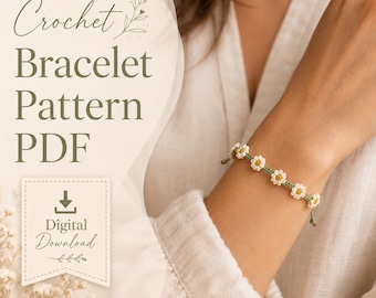 May include: A crochet bracelet featuring a series of small white flowers with yellow centers connected by a thin green cord. The text on the image reads Crochet Bracelet Pattern PDF and Digital Download with a downward arrow icon.