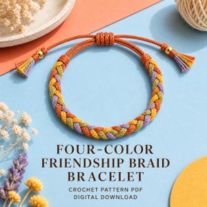 May include: A braided friendship bracelet featuring orange, yellow, green, and purple threads with gold-tone beads and tassels at the ends. The text reads FOUR-COLOR FRIENDSHIP BRAID BRACELET CROCHET PATTERN PDF DIGITAL DOWNLOAD.