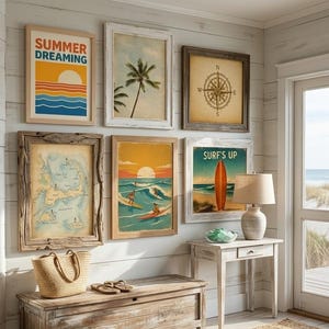 以下が含まれることがあります： Summer Dreamingの夕日のポスター、ヤシの木、コンパスローズ、ケープコッドの地図、サーフィンのシーン、Surf's Upのサーフボードのプリントなど、6つの額入りアートが飾られたギャラリーウォール。近くには編み込みのトートバッグとテーブルランプが置かれています。