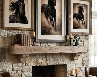 Black Running Horse Triptych Wall Art, Masculine Western Farmhouse Decor (Digital Download)