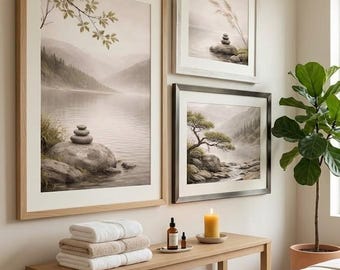 May include: Three framed landscape prints featuring stacked stones and trees hanging above a wooden console table. The table holds a stack of folded white and beige towels, two small glass dropper bottles, and a yellow pillar candle.