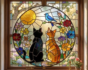 Benutzerdefinierte Charmante Schwarz Orange Katzenpaar Garten Suncatcher Tabby Katze Buntglas Fenster Hängen Glas Mama / Oma Geschenk für Sie / Freunde