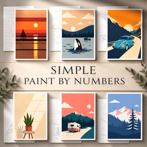 May include: A collection of six paint-by-number kits featuring minimalist landscape designs. The images include a sailboat at sunset, an orca in the ocean, a blue car on a road, a potted plant, a camper on a road, and a mountain scene. The text "SIMPLE PAINT BY NUMBERS" is displayed.