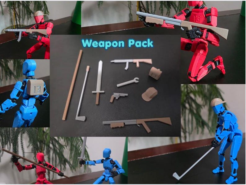 Może przedstawiać: Zestaw Weapon Pack zawierający miniaturowe akcesoria do figurek, w tym miecz, karabiny, klucz, kij golfowy, kostur, plecak i czapkę. Napis Weapon Pack jest wyświetlany na niebiesko. Przedmioty są pokazane z czerwonymi i niebieskimi figurkami.